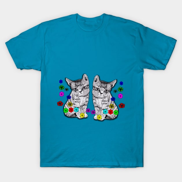 Kittens in Ink and Digital Flowers T-Shirt by Blissful Drizzle